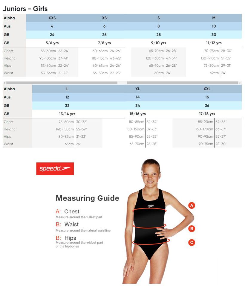 Speedo one piece swimsuit size chart on sale